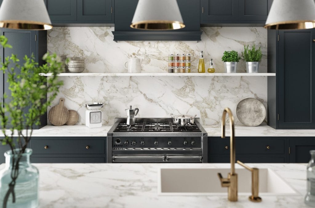Custom kitchen remodel — navy cabinets and marble backsplash