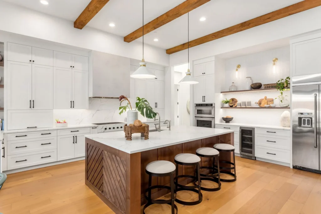 Bay Area kitchen remodel — open-concept island and beams